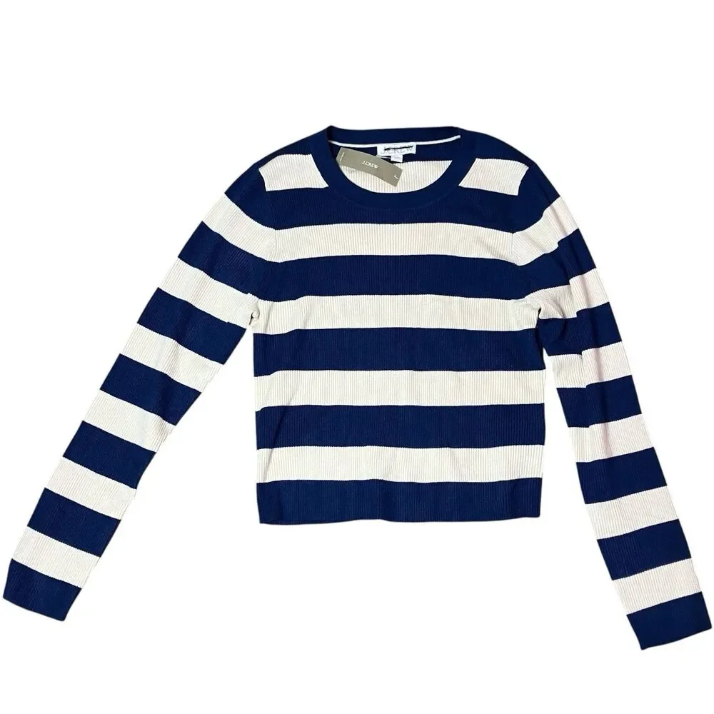 J Crew Navy‎ Cream Striped Ribbed Crewneck Nautical Coastal Sweater